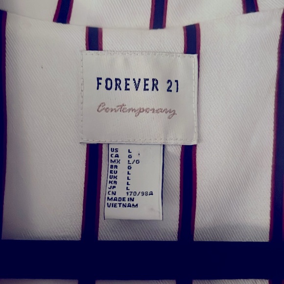 Forever 21 Contemporary White & Navy Blue Striped Double- Breasted Casual Blazer - Picture 7 of 13